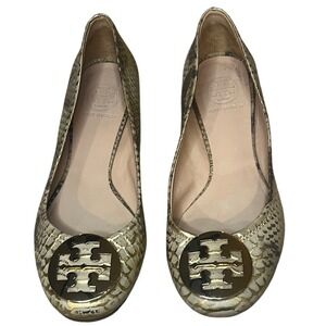Tory Burch Reva Ballet Flats Gold Metallic Snake Embossed Leather Logo Women 8.5